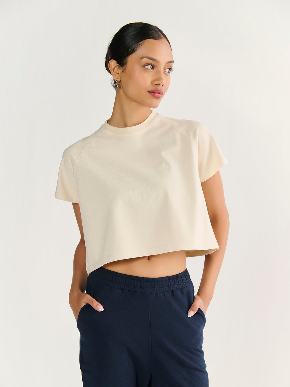 Heavy Boxy Crop Tee in Beige - front view on model