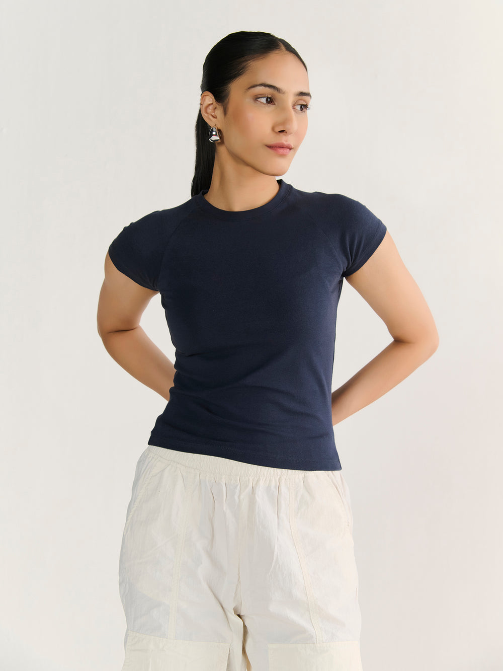 Fitted Tee in Navy - front view on model