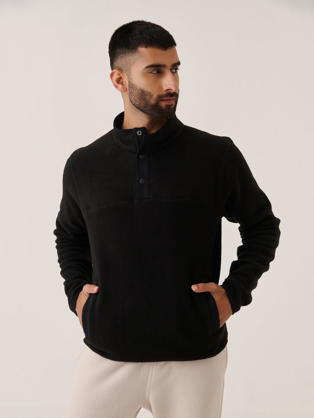Polar Fleece Pullover in Black - front view on model