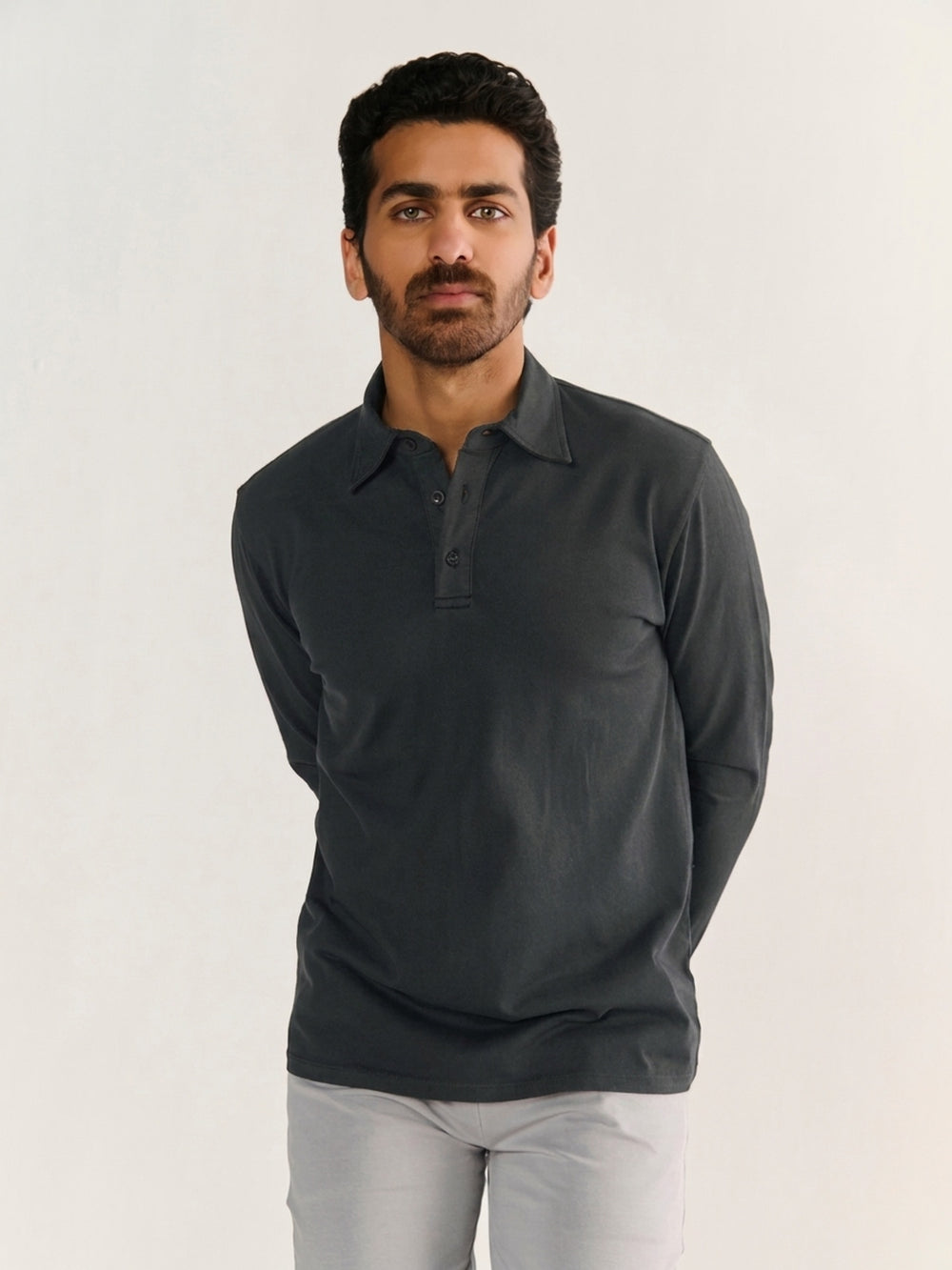 Heavy Long Sleeve Polo in Charcoal - front view on model
