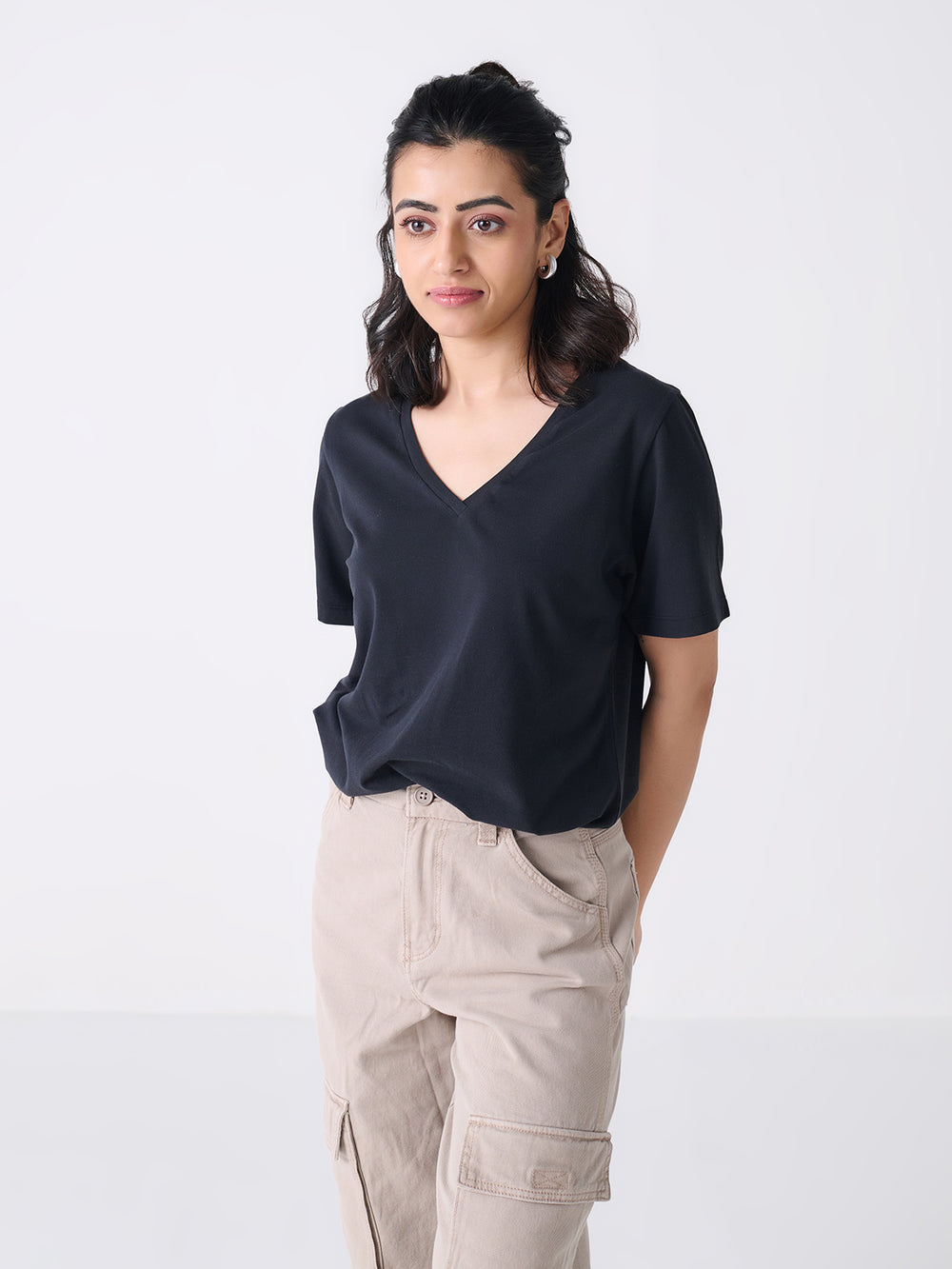 V Neck Short Sleeve in Black - front view on model