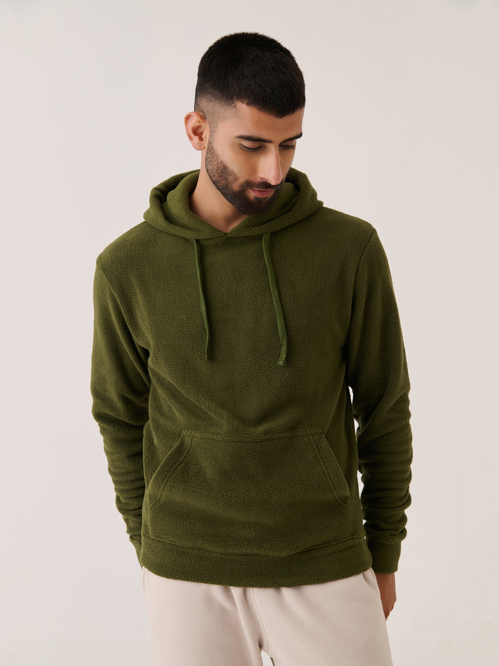 Polar Fleece Hoodie in Olive - front view on model