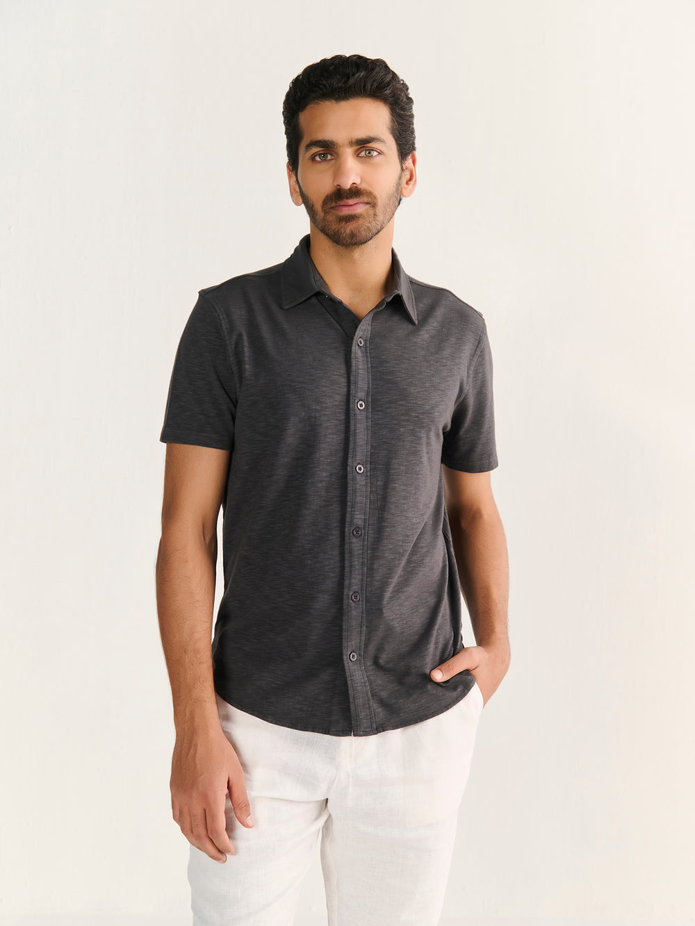 Textured Slub Short Sleeve Button Down in Charcoal - front view on model