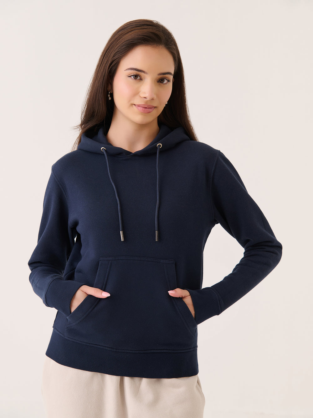 Classic Hoodie in Navy - front view on model