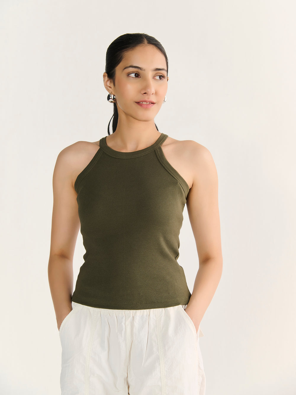 Rib Halter Neck Tank in Olive - front view on model