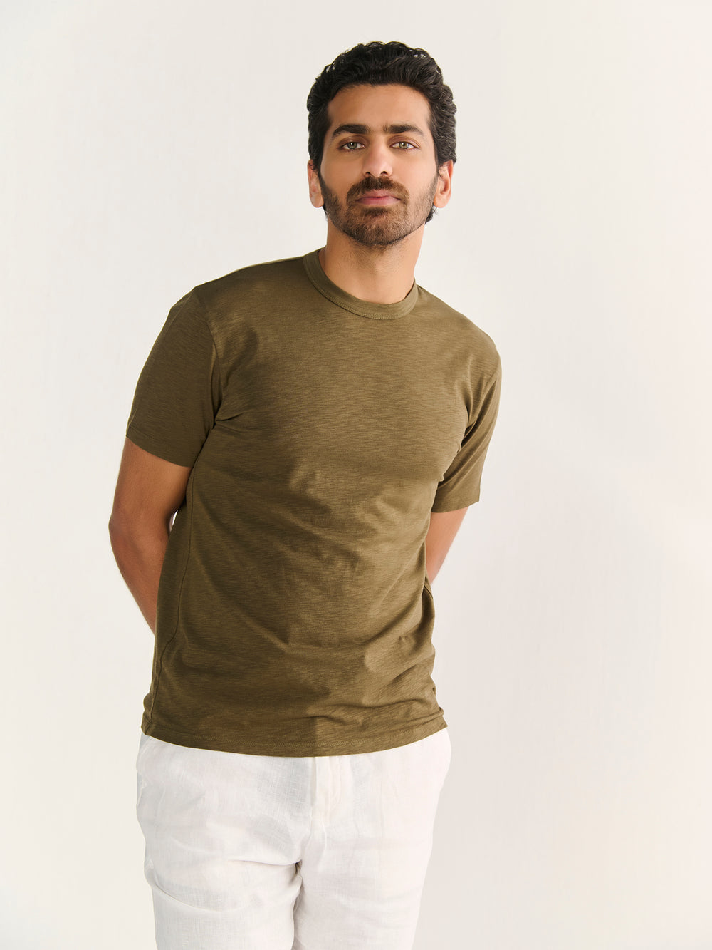 Textured Slub Short Sleeve Tee in Olive - front view on model