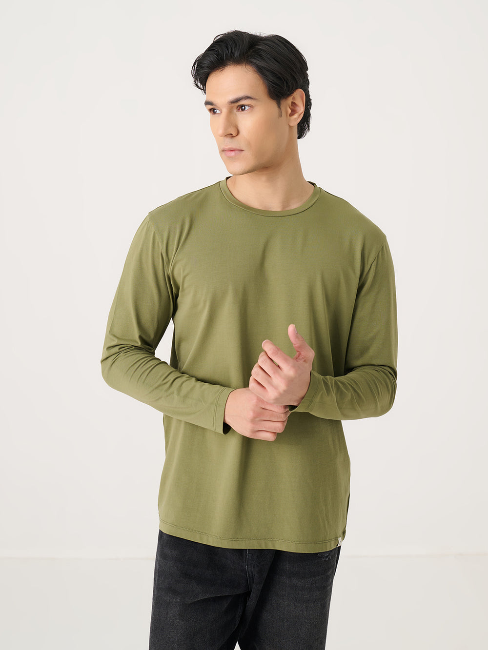 Long Sleeve Tee in Olive - front view on model