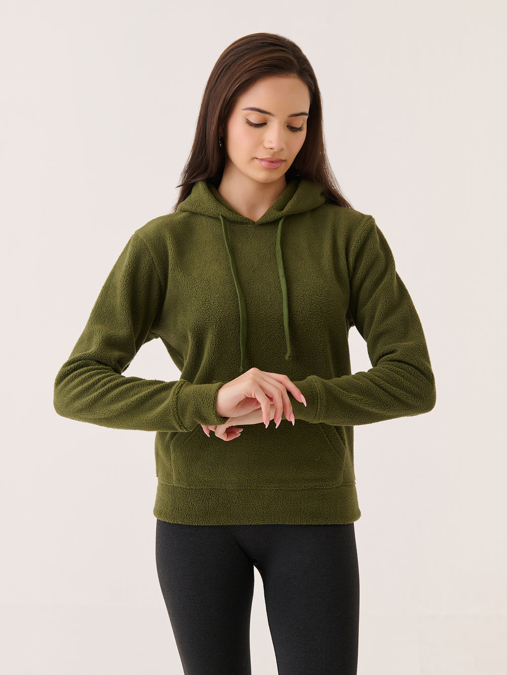 Polar Fleece Hoodie in Olive - front view on model