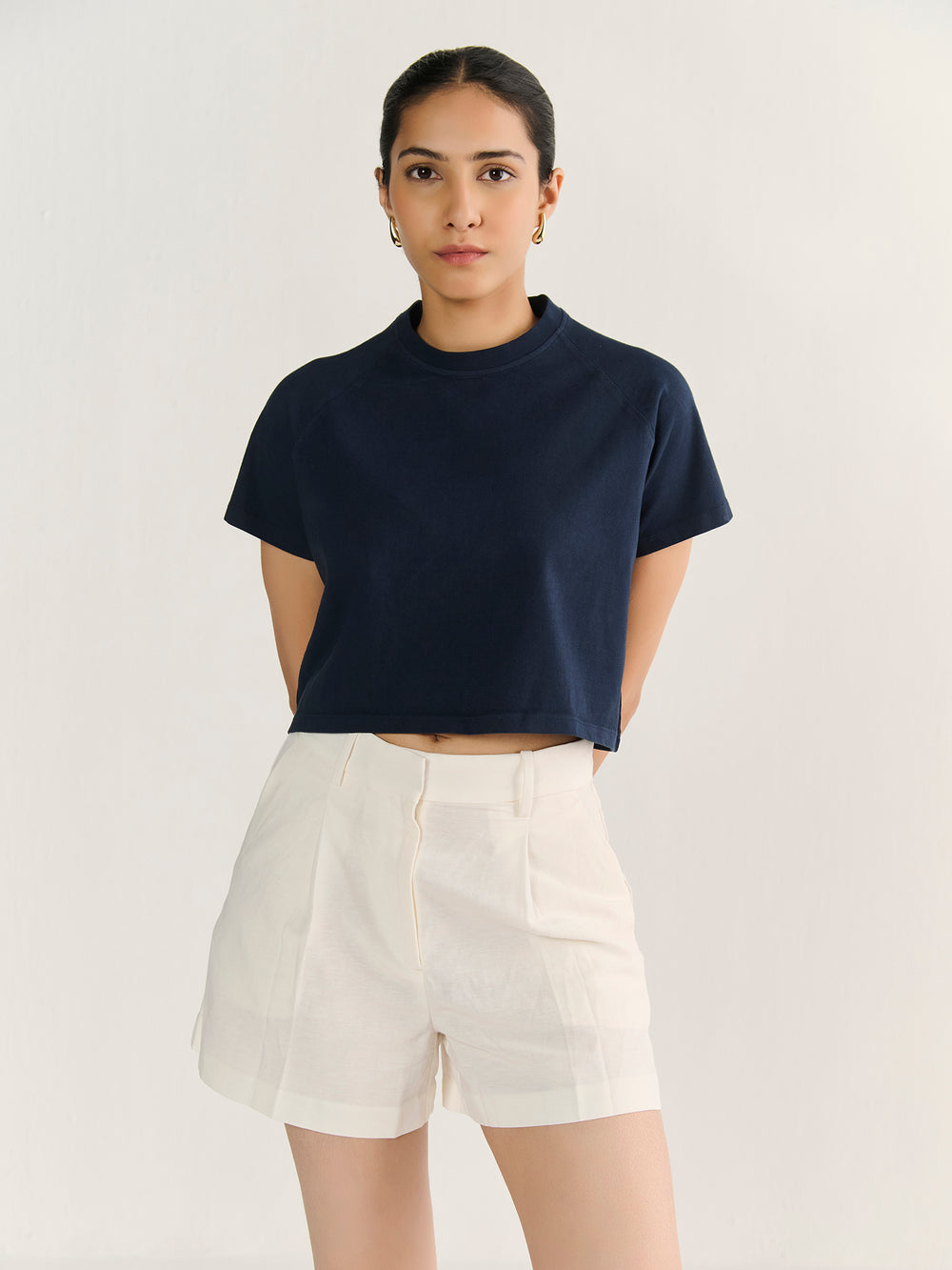 Heavy Boxy Crop Tee in Navy - front view on model