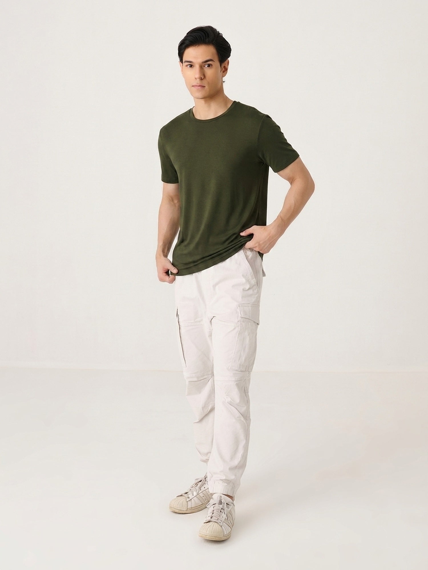 Slim Fit Stretch in Olive - back view on model