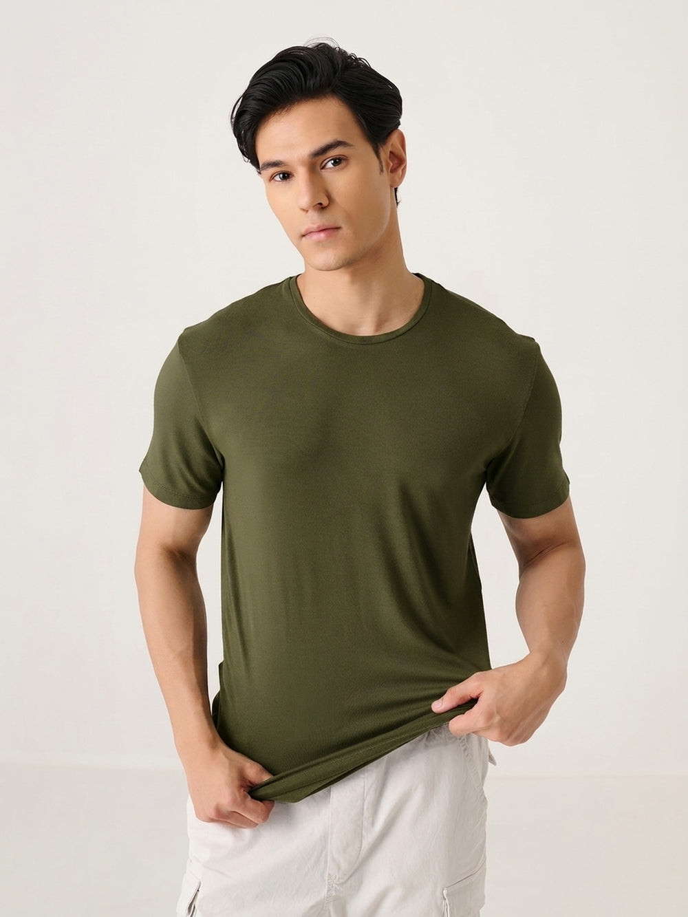 Slim Fit Stretch in Olive - front view on model