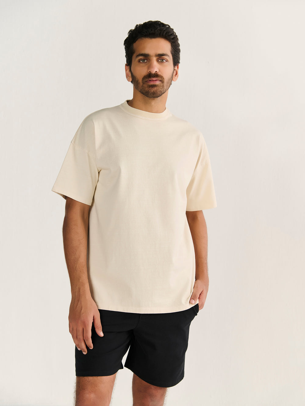 Heavy Oversized Crew Neck in Beige - front view on model
