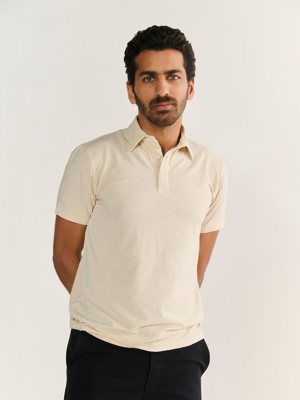 Textured Slub Short Sleeve Polo in Beige - front view on model