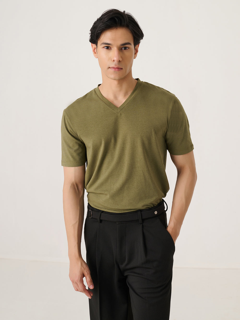 V Neck Short Sleeve in Olive - front view on model
