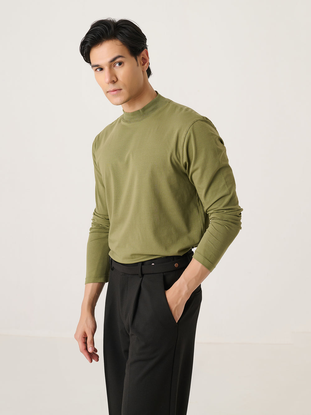 Mock Neck in Olive - front view on model
