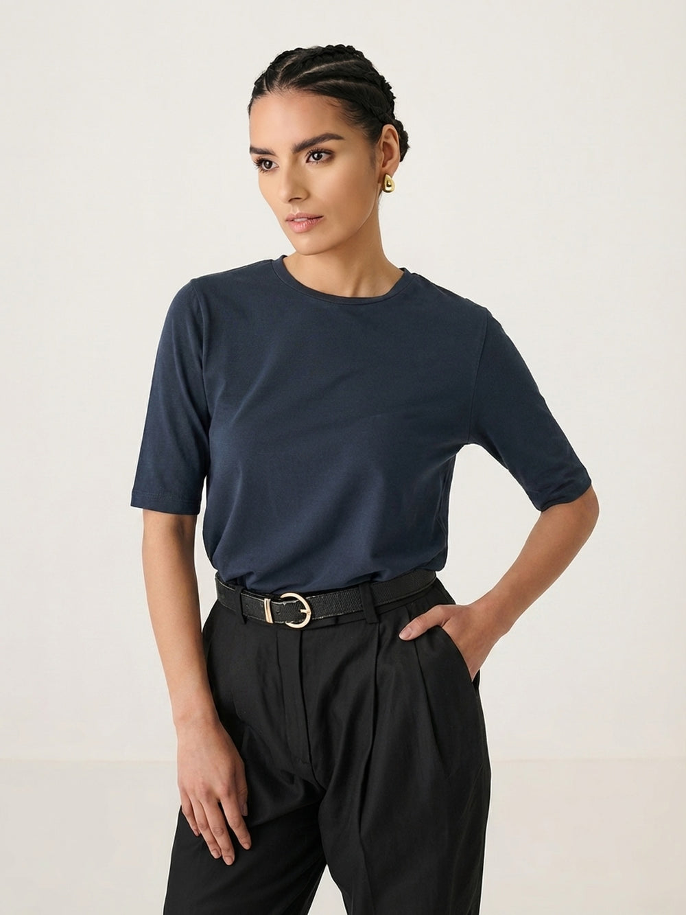 Elbow Sleeve Tee in Navy - styled outfit on model