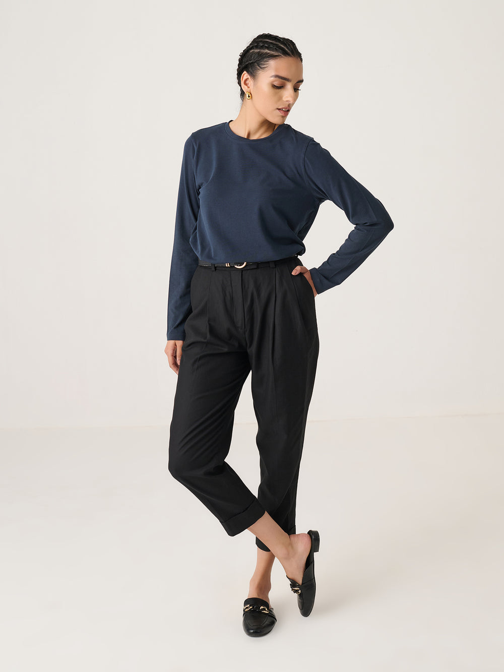 Long Sleeve Tee in Navy - front view on model