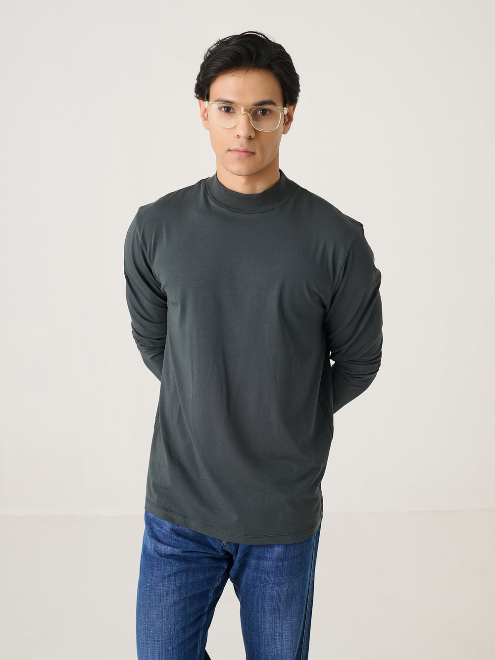Mock Neck in Charcoal - front view on model