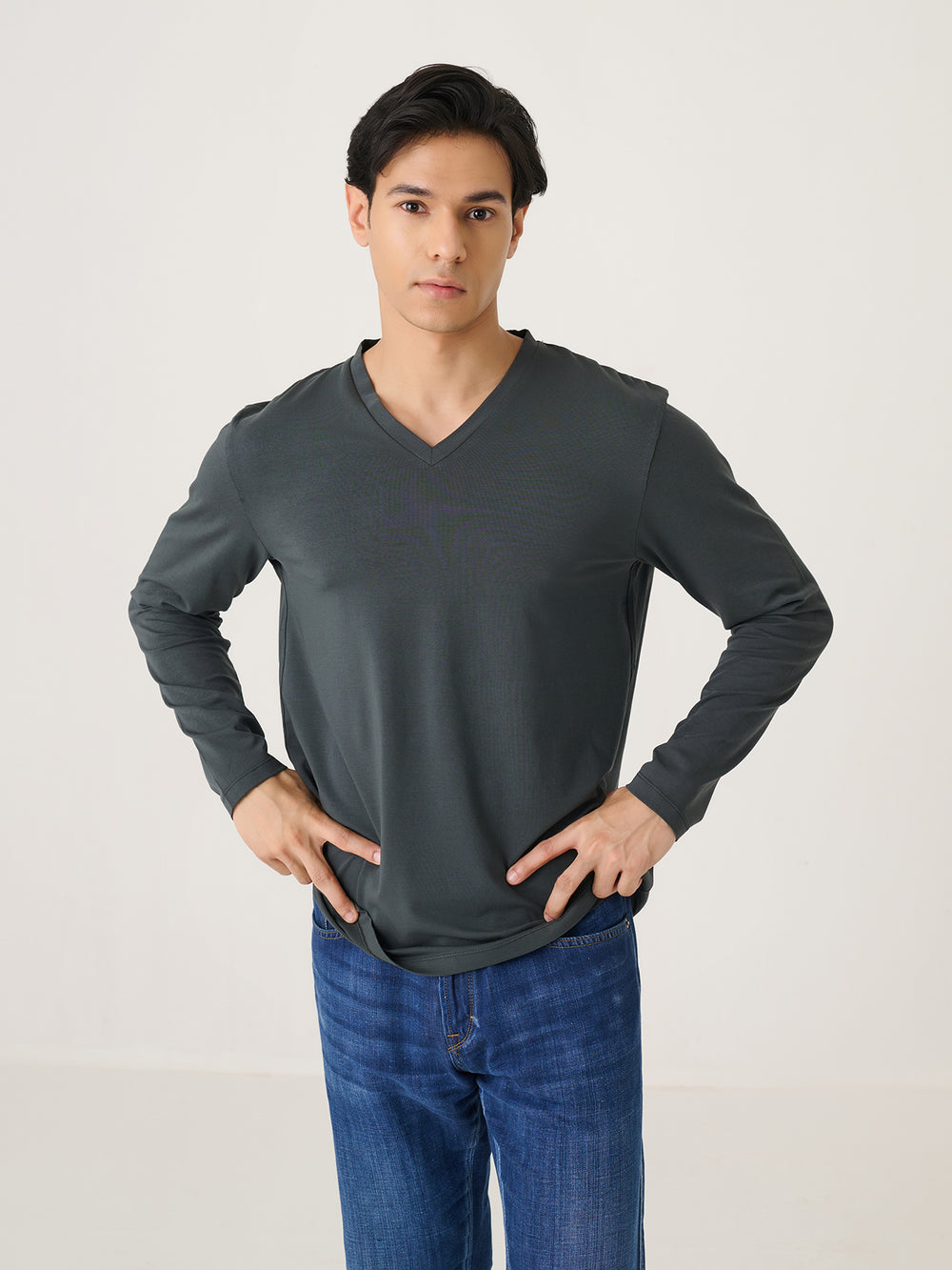V Neck Long Sleeve in Charcoal - front view on model
