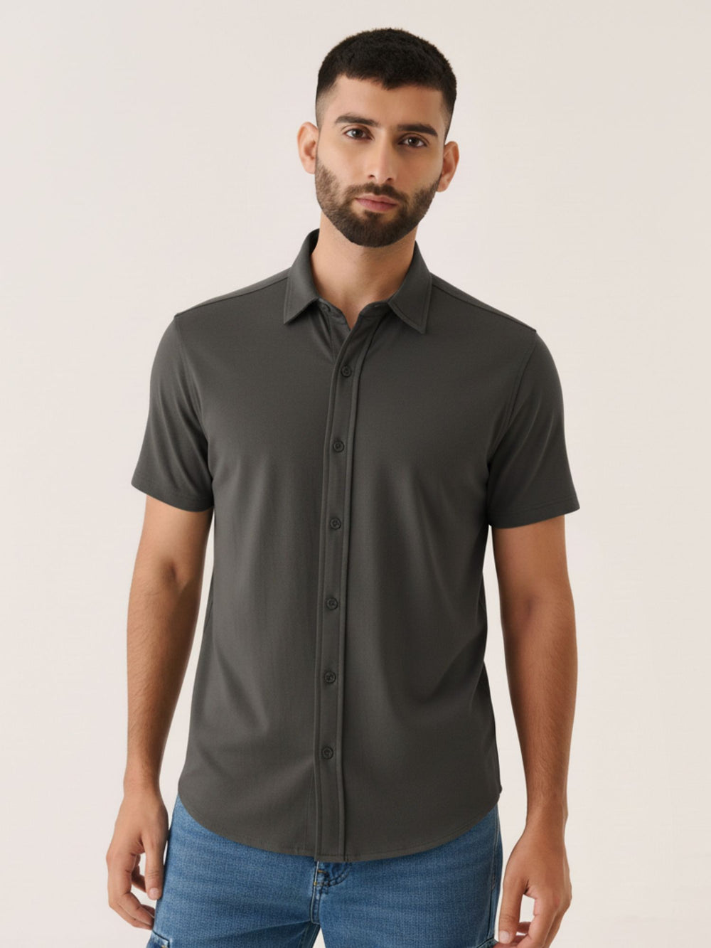 Short Sleeve Button Down in Charcoal - front view on model