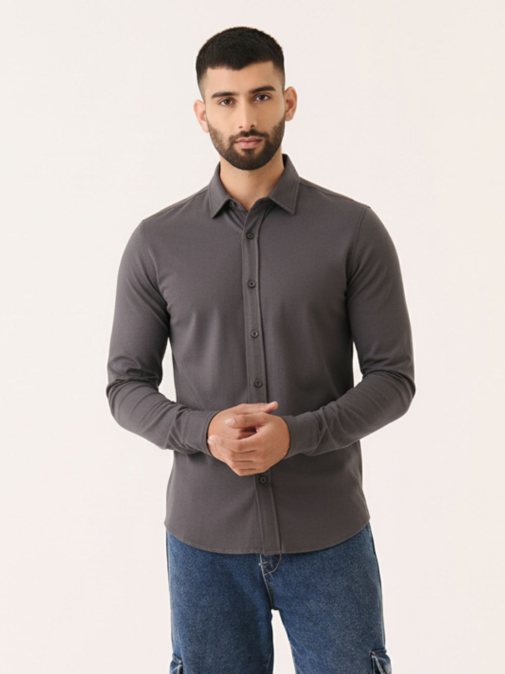 Long Sleeve Button Down in Charcoal - front view on model
