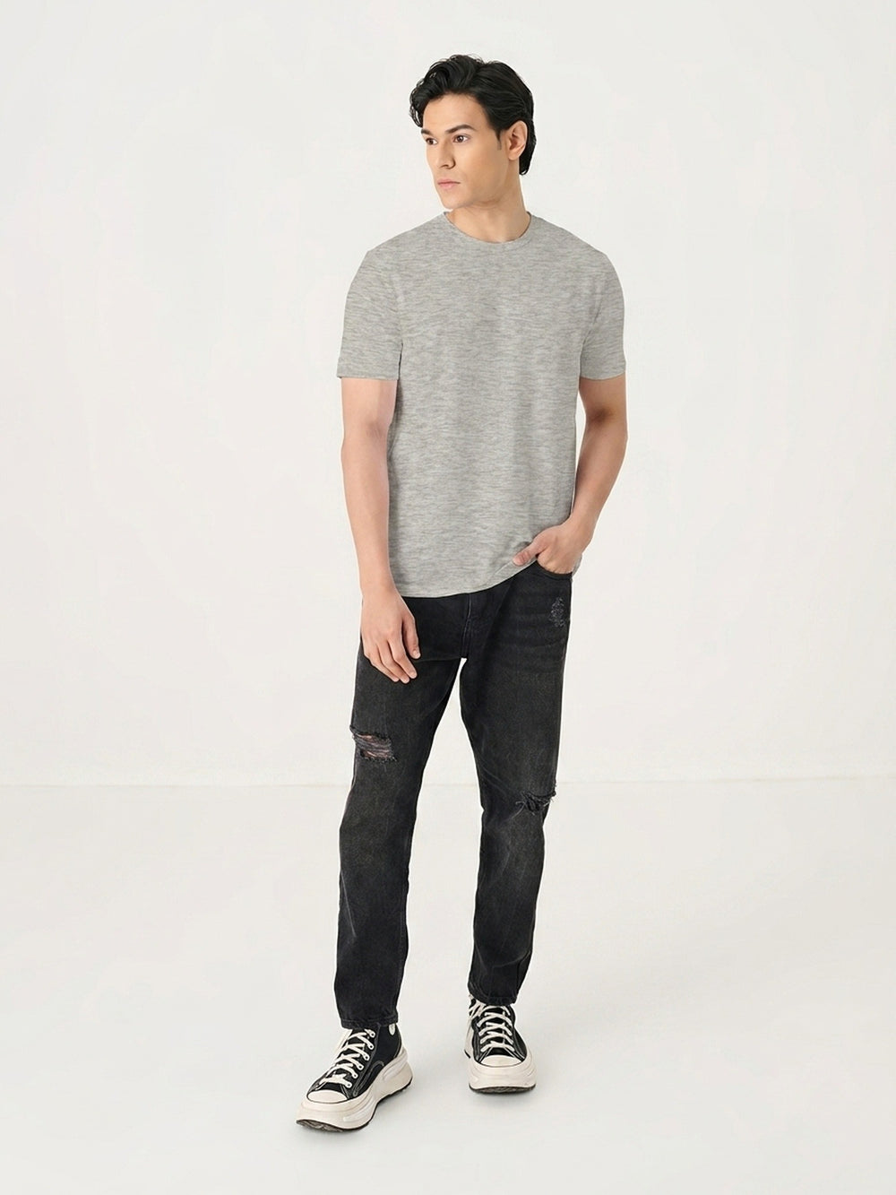 Short Sleeve Tee in Grey Melange - front view on model