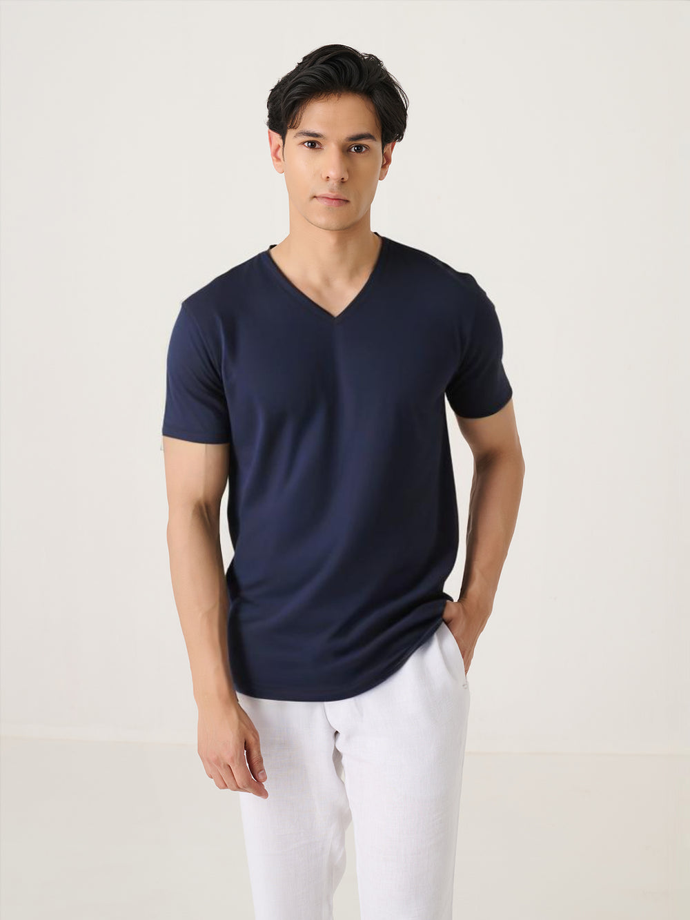 V Neck Short Sleeve in Navy - front view on model