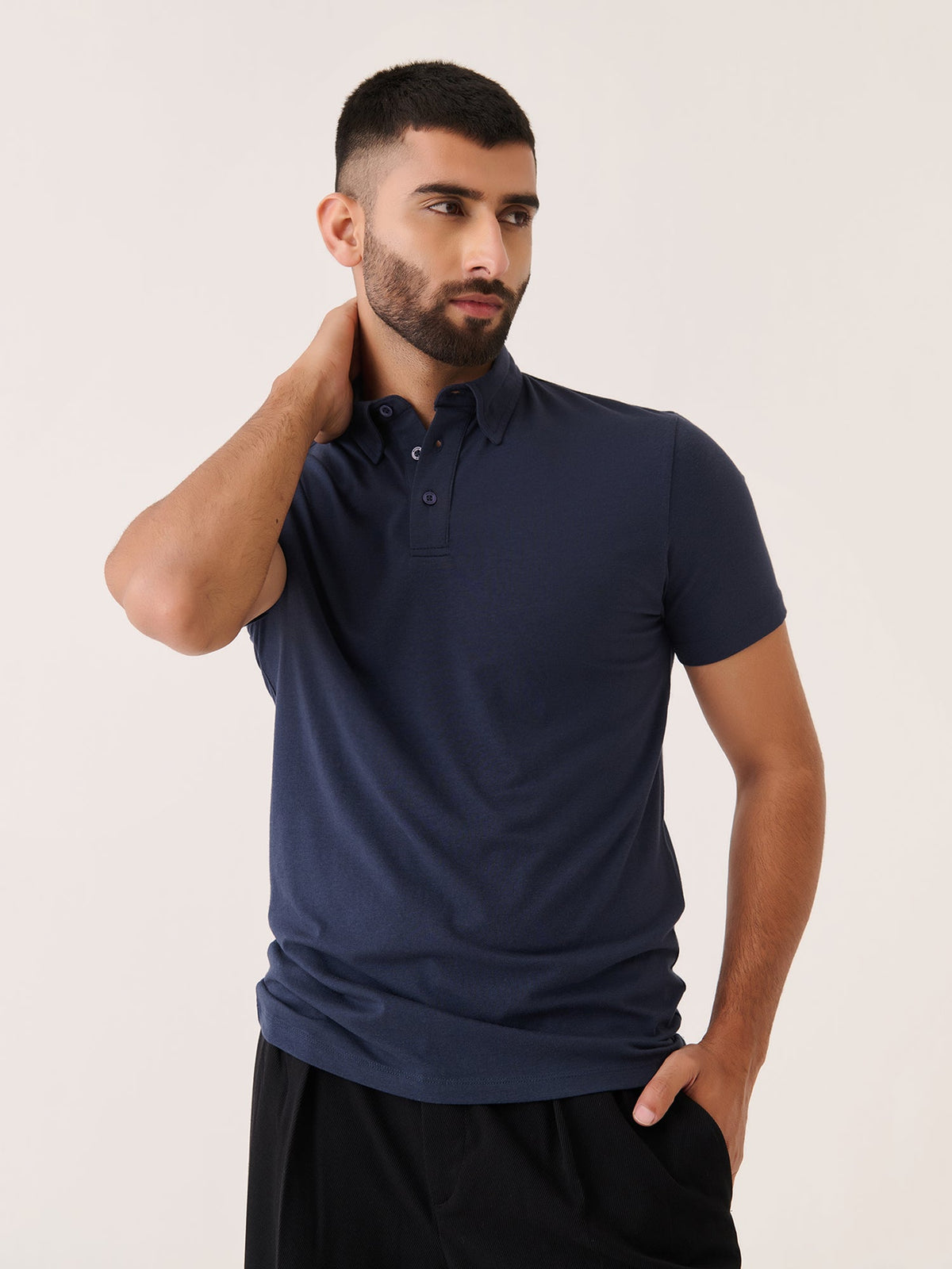 Short Sleeve Polo - Slim Fit Stretch in Navy - alternate angle on model