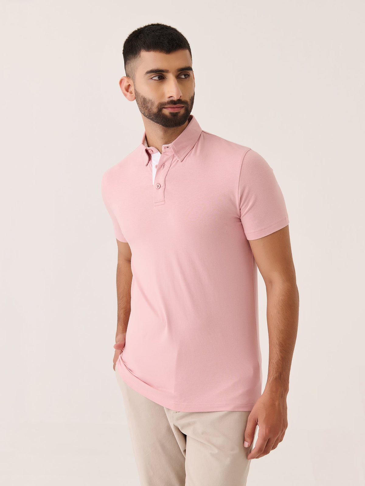 Short Sleeve Polo - Slim Fit Stretch in Pink - alternate angle on model