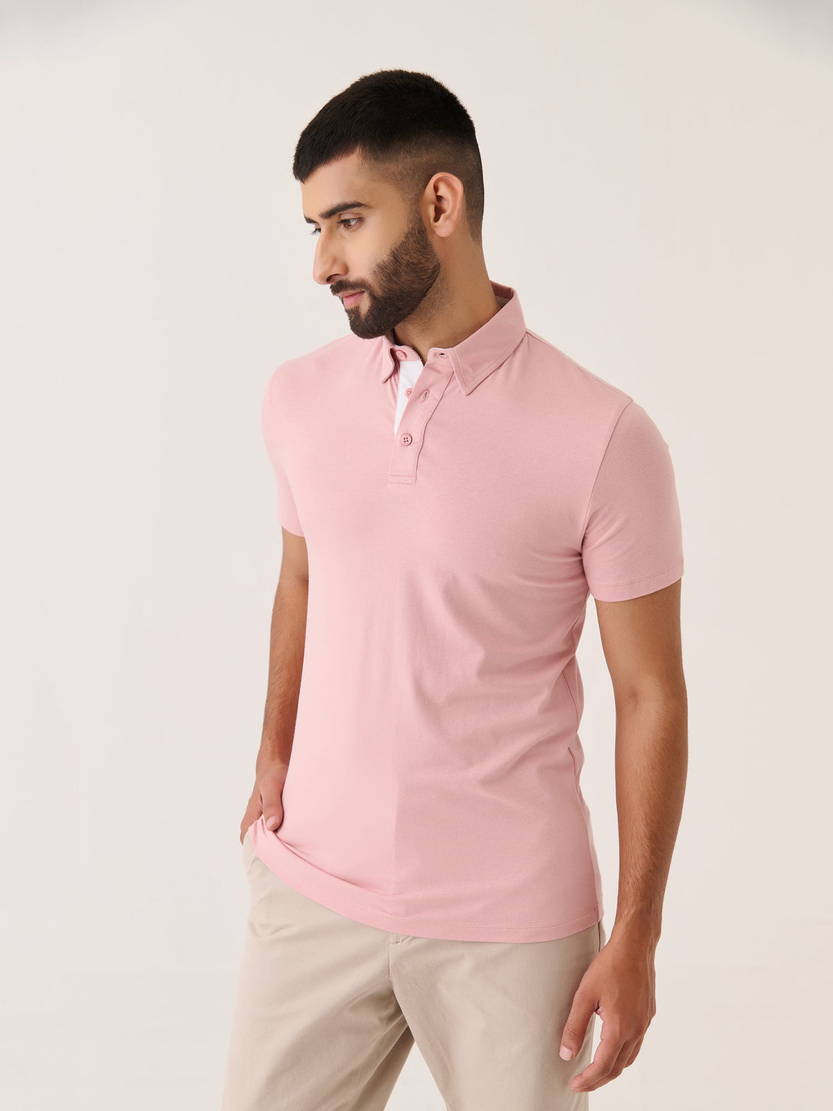 Short Sleeve Polo - Slim Fit Stretch in Pink - back view on model